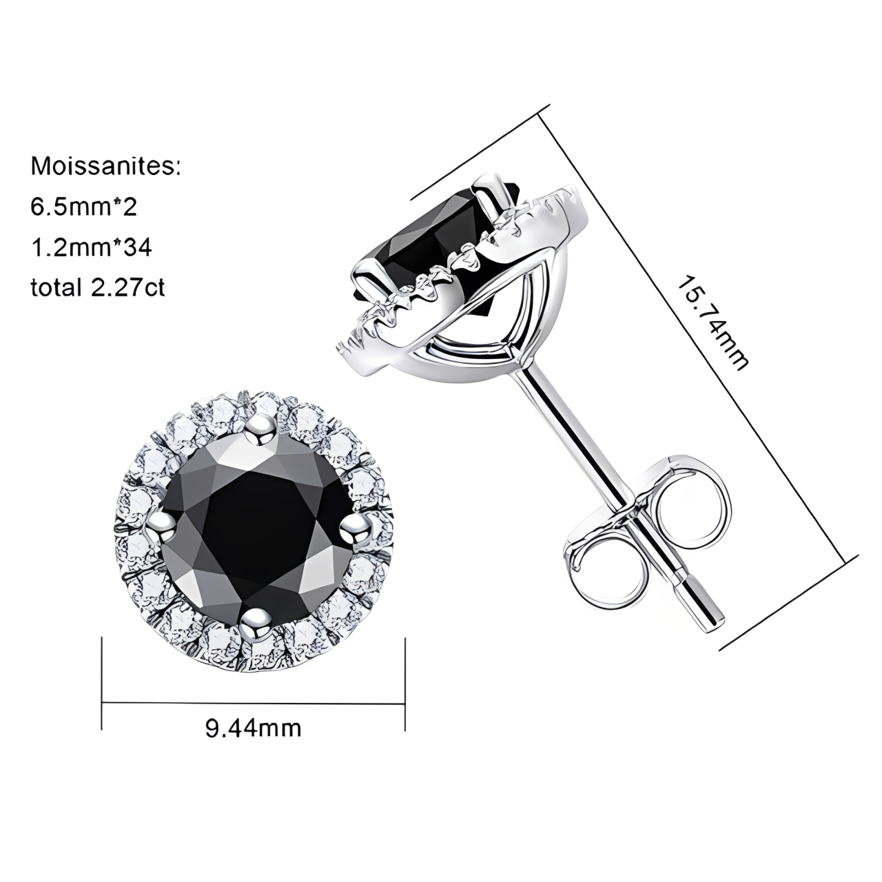 Boucles D'oreilles Puces Moissanite D Color VVS1 - Noir